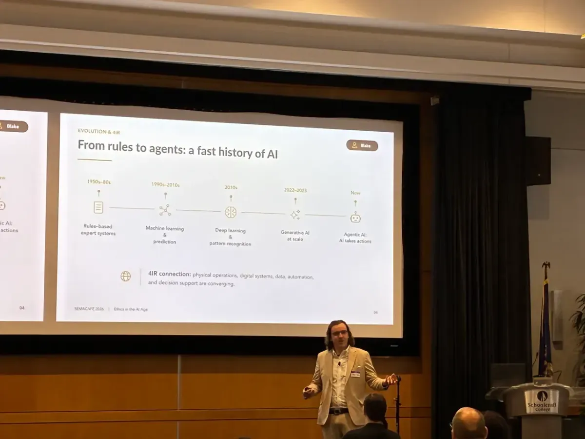 Blake Oxford presenting the AI history timeline at SEMCACFE